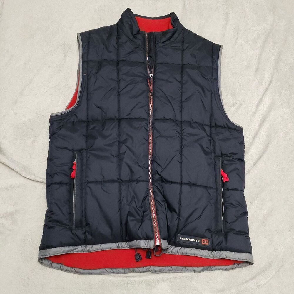 Vintage Abercrombie & Fitch Vest Mens Medium Blue Quilted Nylon Fleece Lined Zip